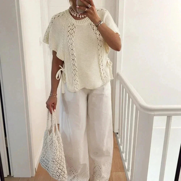 Apricot Casual Women's Fashion Side Tie Round Neck Cap Sleeve Sweater - Picture 3 of 6